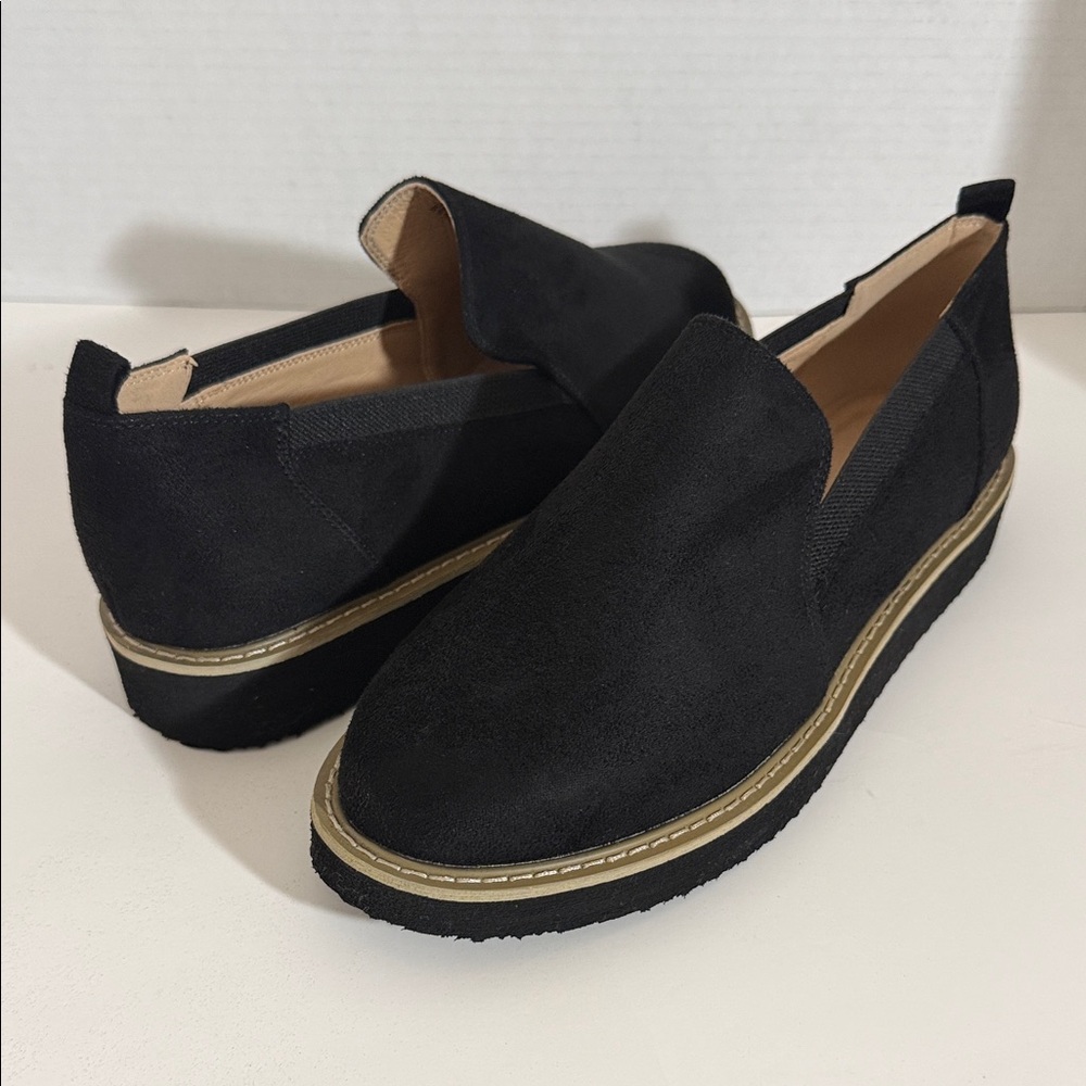 cloudwalkers Black Suede Platform Slip-On Loafers with Gold Trim
